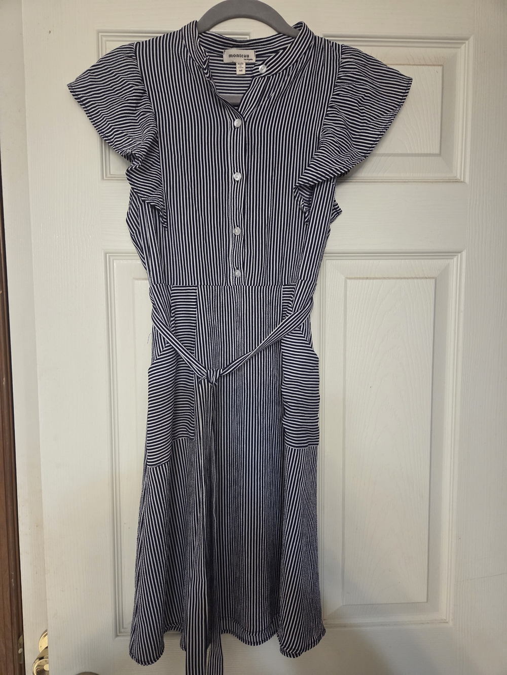 Monteau Navy and White Striped Midi Dress